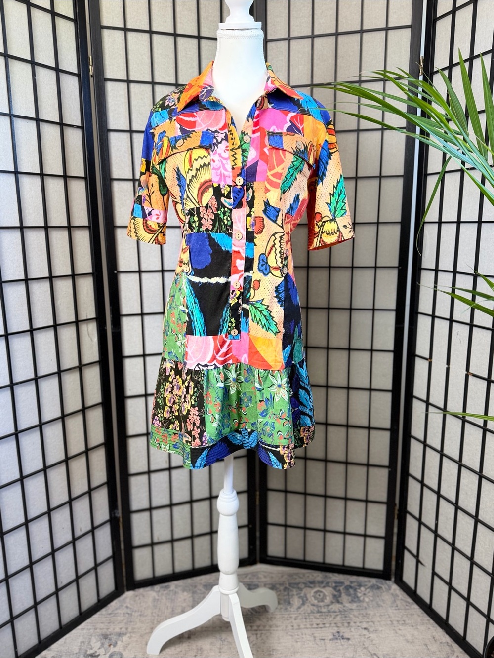 Desigual Vest Avinyon Patchwork Shirt Dress M Colorful Art Print